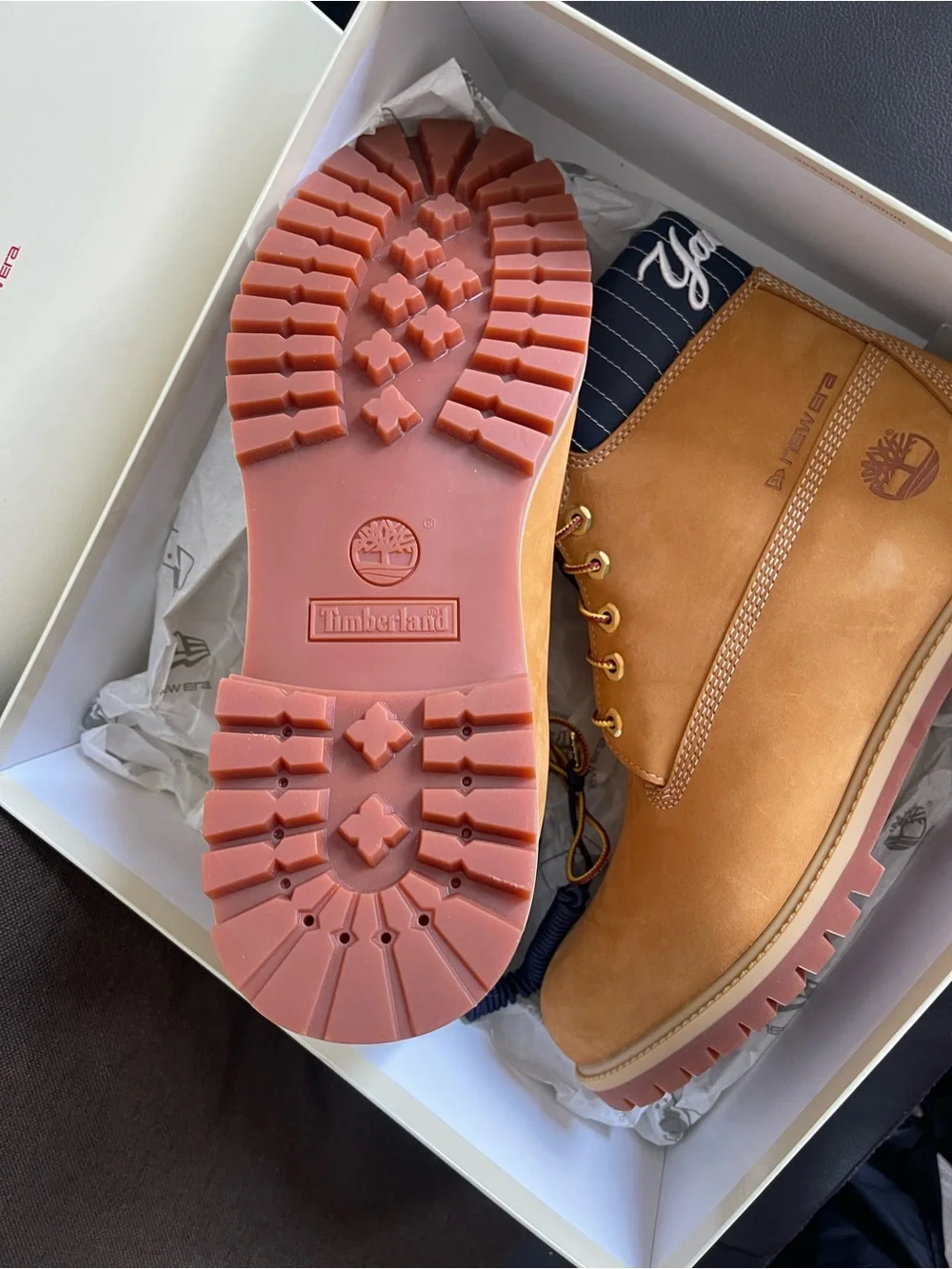 Timberland Wheat Nubuck Lace-Up Work Boots with Navy Collar